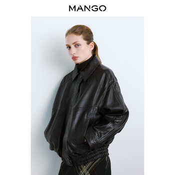 Mango women's short jacket 2026 spring new brown retro sheepskin jacket genuine leather jacket brown s