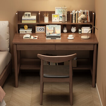 Hutmuyu solid wood desk bookshelf integrated table primary and secondary school students home writing table with storage drawers bedroom children's study table walnut color single table 100x60x105cm