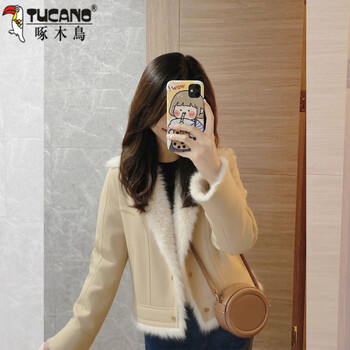 Woodpecker 2025 autumn and winter new style small fragrant khaki fur one-piece plus velvet thickened lamb hair jacket women's khaki s recommended 90-100 jin