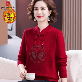Pierre cardin autumn and winter foreign style new chinese style m mother's sweater middle-aged and elderly women's national style velvet thickened knitted bottoming top red velvet xl 90--110