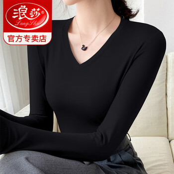 Langsha modal black low-neck bottoming shirt women's spring and autumn slim-fitting long-sleeved mask t-shirt v-neck top 2026 new black s