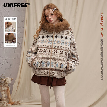 Unifree retro fair isle plush jacket women's winter thickened warm fur collar casual loose top khaki m