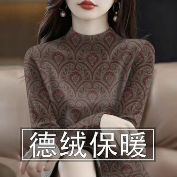 Siyujun de velvet warm bottoming shirt for women 2025 autumn and winter new women's tops women's long sleeve fashion half turtle collar women's t-shirt de velvet - red full print xl recommended 110-125 catties)