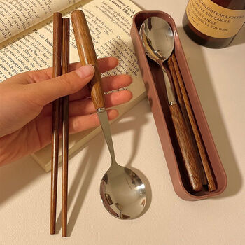 Tuojin imported high-quality solid wood chopsticks and spoons set from japan. portable storage box with retro feel for one person. solid wood three-piece set - round spoon + fork + chopsticks. free storage box of the same style.
