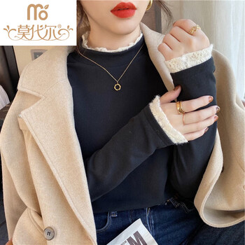 Modal lace half turtleneck german velvet bottoming shirt for women, autumn and winter style inner long-sleeved t-shirt, slim fit plus velvet top, black m