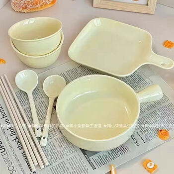 Mei ke jie fufu ceramic bowl girl heart hand bowl spoon one person underglaze color baked rice bowl cream color tableware set cream yellow healing tableware underglaze color ceramic spoon 1