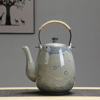 2 liter ceramic large teapot hand-painted retro teapot cold kettle iron handle handle kettle restaurant kettle home 1ml half fish