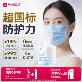 Wellday disposable medical surgical masks, breathable, dust-proof, warm, anti-rhinitis, allergy, sterilization grade blue, 100 pieces