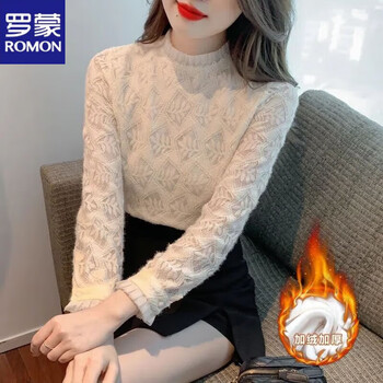 Romon 2025 autumn and winter new style bottoming shirt women's velvet thickened ruffled half-turtle collar lace shirt top slim fit inside apricot velvet xl