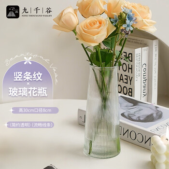Jiuqiangu vase large glass vase rich bamboo water flower arrangement vertical stripe glass vase height 30cm1074