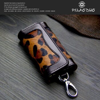 Pi uncle (pi uncle) new style cowhide and horse hair key bag leopard print women's car key bag cowhide key chain dark leopard print
