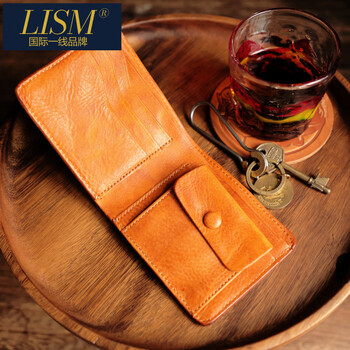Lism international first-line brand washed top layer super soft cowhide handmade short retro wallet wallet card bag for men and women sunset yellow