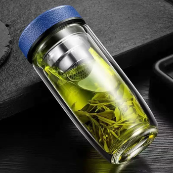Yusenyi tempered tempered tea brewing explosion-proof and unbreakable large set glass set for men and women to keep warm on business trips and filter-proof double-layer leather pattern blue 550ml (thickened explosion-proof)