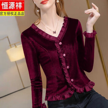 Hengyuanxiang gold velvet top bottoming shirt for women, fashionable lace pullover cardigan, short fashion trendy women's small shirt, burgundy m, recommended within 100 pounds