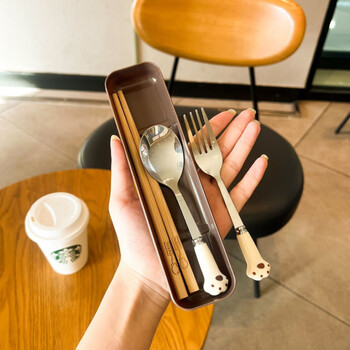 Ye yu cute ins cute kitten spoon fork chopsticks three-piece set high-looking student portable tableware set # style chopsticks single pack
