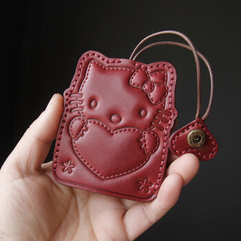 Handmade cowhide key bag pull-out genuine leather key cover cute kt cat key pendant key bag for women burgundy