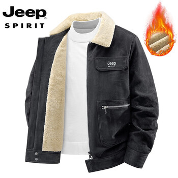 Jeep spirit sherpa jacket men's winter plus velvet thickened warm cotton coat loose casual pilot cotton jacket black xl