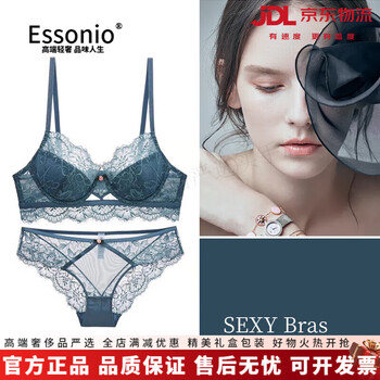 Essonio bra set, european and american sexy lace underwear for women, thin, large breasts, small push-up, pure lust large size, gray blue set 75c 34 (with m size underwear)