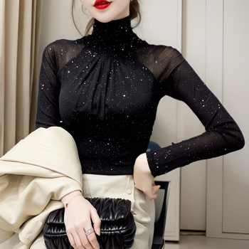 Langsha autumn and winter new lace turtleneck bottoming shirt for women with stylish black mesh plus velvet warm mother's top inside the suit, black s, recommended 81-101 pounds