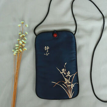 Chinese zen silk embroidered mobile phone bag, crossbody bag, fabric, national style, retro, vertical plate buckle coin purse, key bag, dark blue meditation