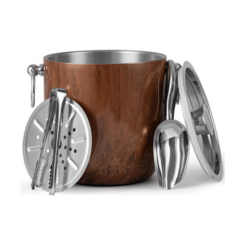 Tengxin 3-liter double-layer stainless steel insulated ice bucket (with ice clip/lid/ice scoop and filter) brown wood grain 3l