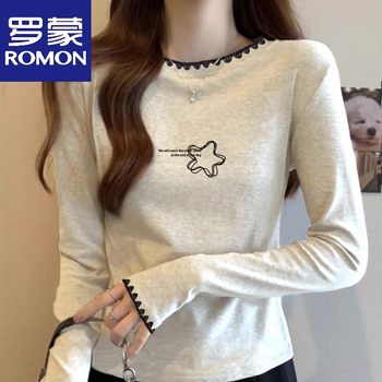 Romon high-end german velvet inner bottoming shirt for women in autumn and winter, thickened and slim, small right shoulder long-sleeved t-shirt top, official flagship beige bottoming shirt, german velvet, persistent star l, recommended 100-115 pounds