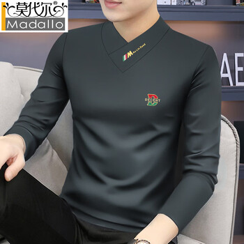 Modal 2025 new autumn and winter plus velvet v-neck men's long-sleeved t-shirt slim and simple inner warm top base layer spring and autumn thin style dark gray 2xl 150-165 catties