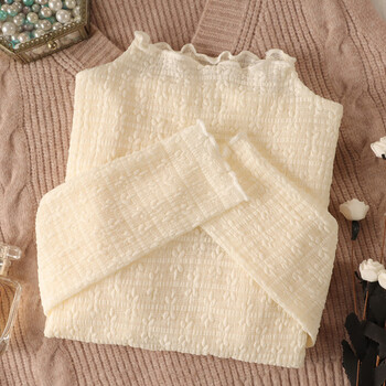 Japanese half turtleneck lace bottoming shirt for women, thin long-sleeved autumn and winter sweater with high-end mesh top, cream apricot s