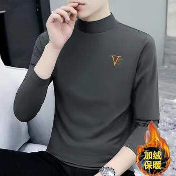 Pure new half turtleneck pure cotton men's long-sleeved t-shirt with velvet and thickened autumn coat for outer wear and inner wear with mid-collar bottoming shirt top, carbon gray, velvet style, m. recommendation 100-115