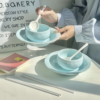 Fantasy sea salt blue bowl and dish set for home new high-looking bowls, plates, chopsticks and bowls for moving into a new home, sea salt blue 2 plates + 2 bowls + 2 spoons + 2 chopsticks 8-piece set for 2 people