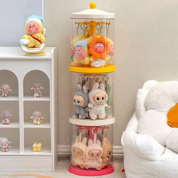 Yusenyi labubu pendant display box rotating transparent labubu plush doll doll figure blind box storage display stand cream white-girl pink-vibrant yellow (happy rotating dopamine)