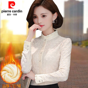 Pierre cardin stand-up collar lace shirt for women in autumn and winter new style velvet thickened inner layering shirt soft gauze long-sleeved slim warm top apricot plus velvet s