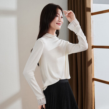 Sofsil tencel wool lace half turtleneck long-sleeved bottoming shirt for women 2025 winter fashion slim solid color top off-white l