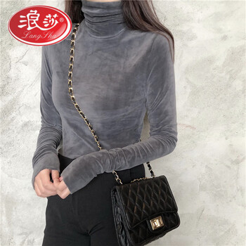 Langsha golden velvet bottoming shirt for women in spring, autumn and winter new style plus velvet thickened long-sleeved t-shirt warm inner wear high collar top dark gray xl