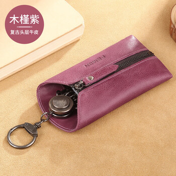 Faman key bag women's genuine leather cute retro small fresh coin purse exquisite mini soft leather home key bag hibiscus purple