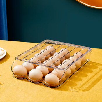 Qinhuo kitchen drawer storage box egg egg rack holder household refrigerator food preservation automatic rolling multi-layer egg box 1 layer (18 pieces) transparent