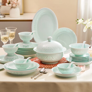 Modern housewife jingdezhen tableware underglaze color exquisite porcelain rice bowl household 2025 new high-value bowls and plates celadon exquisite-gift box 9-piece set for 2 people jingdezhen exquisite porcelain