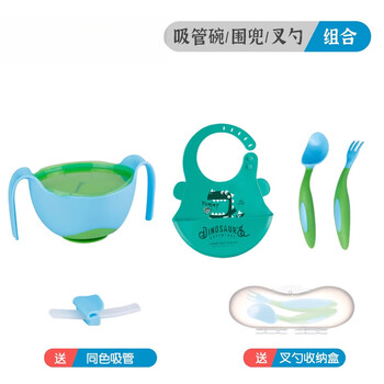 Kaooseen baby learning eating training spoon baby spoon one year old children's tableware set bendable elbow spoon fork spoon blue + straw bowl blue + bib blue