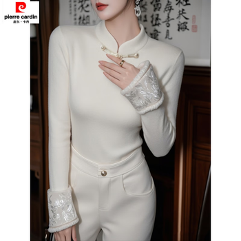 Pierre cardin new chinese style white velvet bottoming shirt for women 2025 winter super beautiful temperament stand-up collar knitted top white (fleet) thickened l recommended 105-115 catties