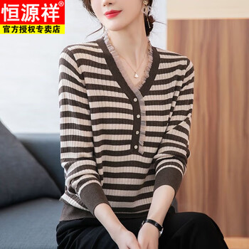 Hengyuanxiang autumn and winter mother's long-sleeved v-neck sweater, fashionable bottoming shirt, loose middle-aged women's striped top, slim sweater tt0269# coffee color m, recommended 90-108 pounds