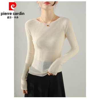 Pierre cardin (pierre cardin) french gray high-end round neck long-sleeved knitted t-shirt for women in autumn, great-looking slim simple bottoming shirt top, snowflake white m 80-105 pounds