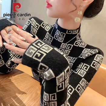 Pierre cardin one-piece velvet thickened half-turtleneck sweater for women, autumn and winter fashionable 2025 knitted sweater inner layer, black one-piece velvet thickened l 115-130