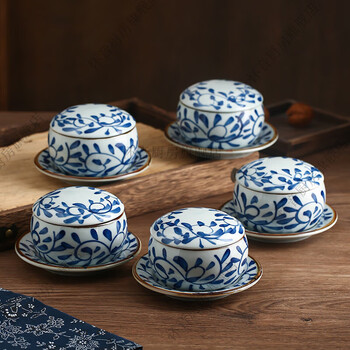 Huaiyin ceramic small soup cup, household steamed egg stew bowl with lid, japanese stew pot, restaurant single serving bird's nest stew cup with partition, steamed egg stew cup* hook rattan