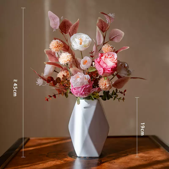Yusenyi fake flowers, simulated flower decorations, dried flower bouquets, living room decorations, floral art, home decorations, high-end table decorations, flower arrangements, pink burnt edge roses and lotus bouquets - water cube white porcelain vase 1 piece