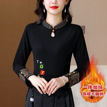 Hengyuanxiang 2025 new velvet embroidered top for women winter thickened new chinese style t-shirt german velvet long-sleeved printed bottoming shirt black toy m recommended 80-105 catties