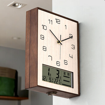 Zunell corner double-sided wall clock living room 2026 new home high-end modern simple silent solid wood clock wall hanging double-sided wall clock with electronic perpetual calendar