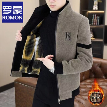 Romon autumn and winter fashion woolen jacket men's velvet thickened stand-collar jacket trendy handsome casual woolen coat trendy khaki velvet thickened xl