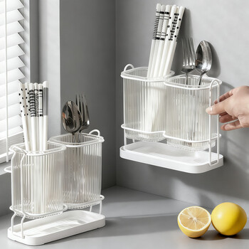Home katei story japanese chopstick storage box chopstick barrel wall-mounted punch-free chopstick spoon storage household chopstick cage drain rack milk white upgraded wall hanging/countertop dual use
