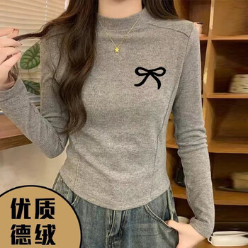 Su ningning plus velvet warm bottoming shirt for women autumn and winter 2025 new half-high collar slim fit inner long-sleeved t-shirt fishbone line top gray bow l recommended 100-115 pounds