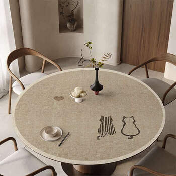Yusen yiqing round table table mat is waterproof and oil-proof, no-wash round tablecloth, anti-scalding and dirty tablecloth, tablecloth cover, wabi-sabi line cat, diameter 130cm, durable, yellowing